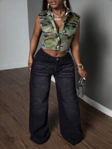 SHEIN Slayr Camo Print Button Front Crop Denim Vest - Army Green - View 1