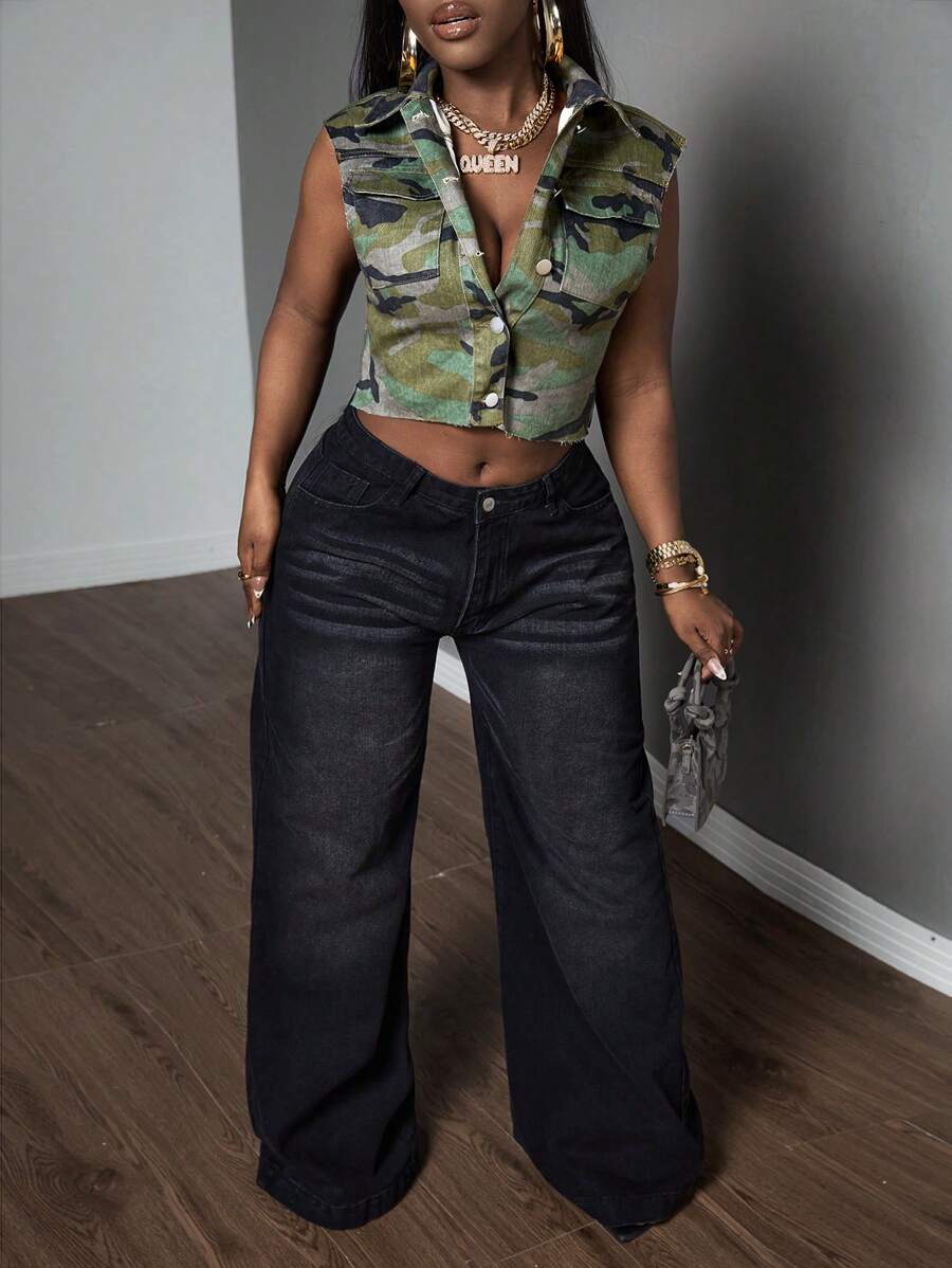 SHEIN Slayr Camo Print Button Front Crop Denim Vest - Army Green - View 1