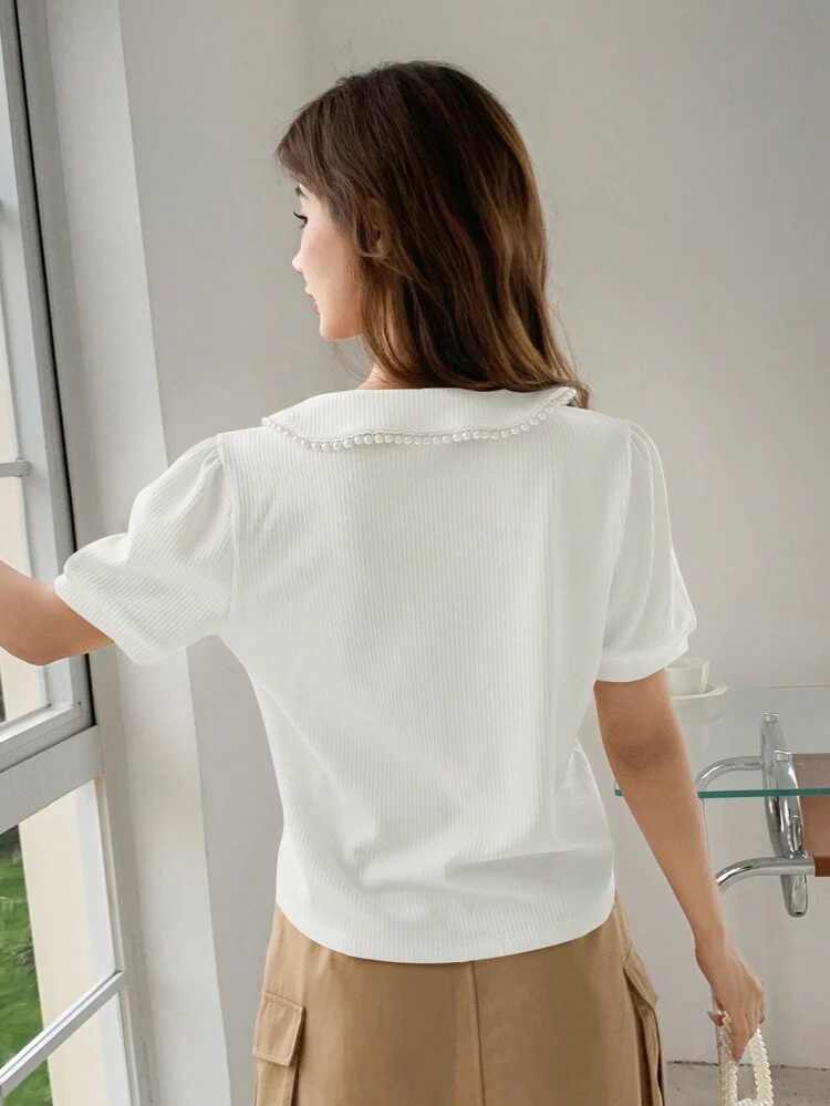 Pearls Beaded Peter Pan Collar Tee Summer