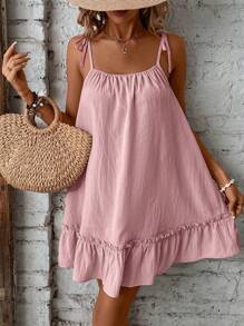 Breezaya Spaghetti Strap Tie Belt Ruffle Hem Flounce Dress Vacation Beach Outfits Women