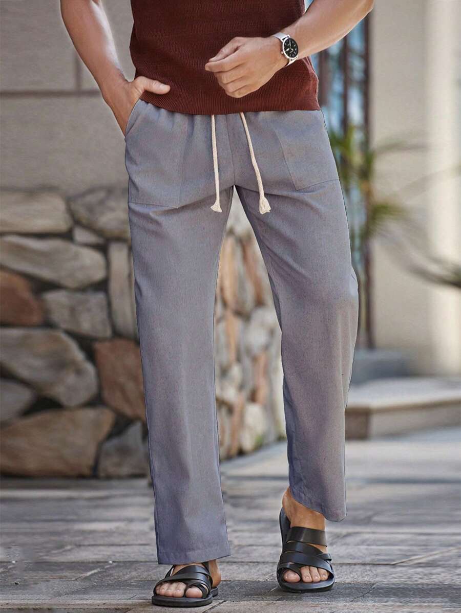 Manfinity Homme Men's Drawstring Linen Fashionable Casual Pants With Pockets, Daily Wear - Dark Grey - View 1