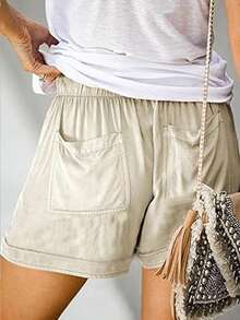 Solid Color Drawstring Waist Casual Shorts For Vacation - Khaki - View 2