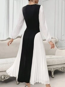 Modelyn Women's Solid Color Splicing Square Neck Long Sleeve Arabian Dress - Black and White - View 3