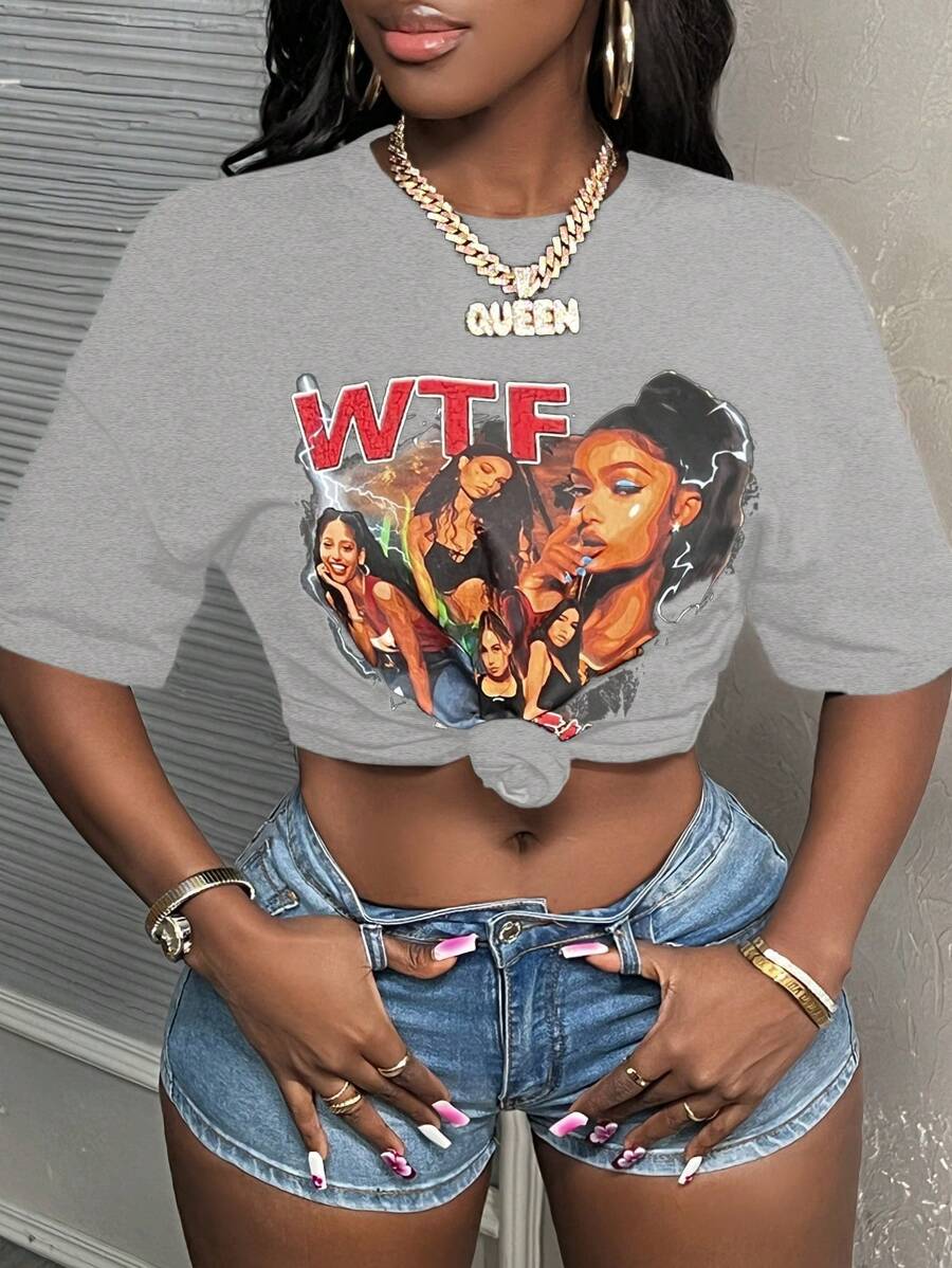 Slaydiva Women's Slim Fit T-Shirt,Gray Print Pattern Round Neck Short Sleeve Loose Waist Streetwear T-Shirt,Casual Summer City Break Street Style Tops - Grey - View 1