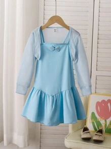 2 cái/bộ Váy dây mỏng có nơ trang trí cho bé gái, Xuân/Hè/Thu, Phong cách công chúa thanh lịch và dễ thương, kết hợp với áo len màu trơn cho những dịp trang trọng và các bữa tiệc - Màu xanh lam - Xem 1