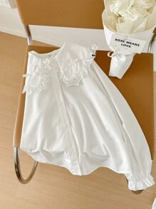 SHEIN Leap Crew 運動/休閒純色織物Peter Pan領長袖上衣，適用於女童 - 白色 - 查看 4