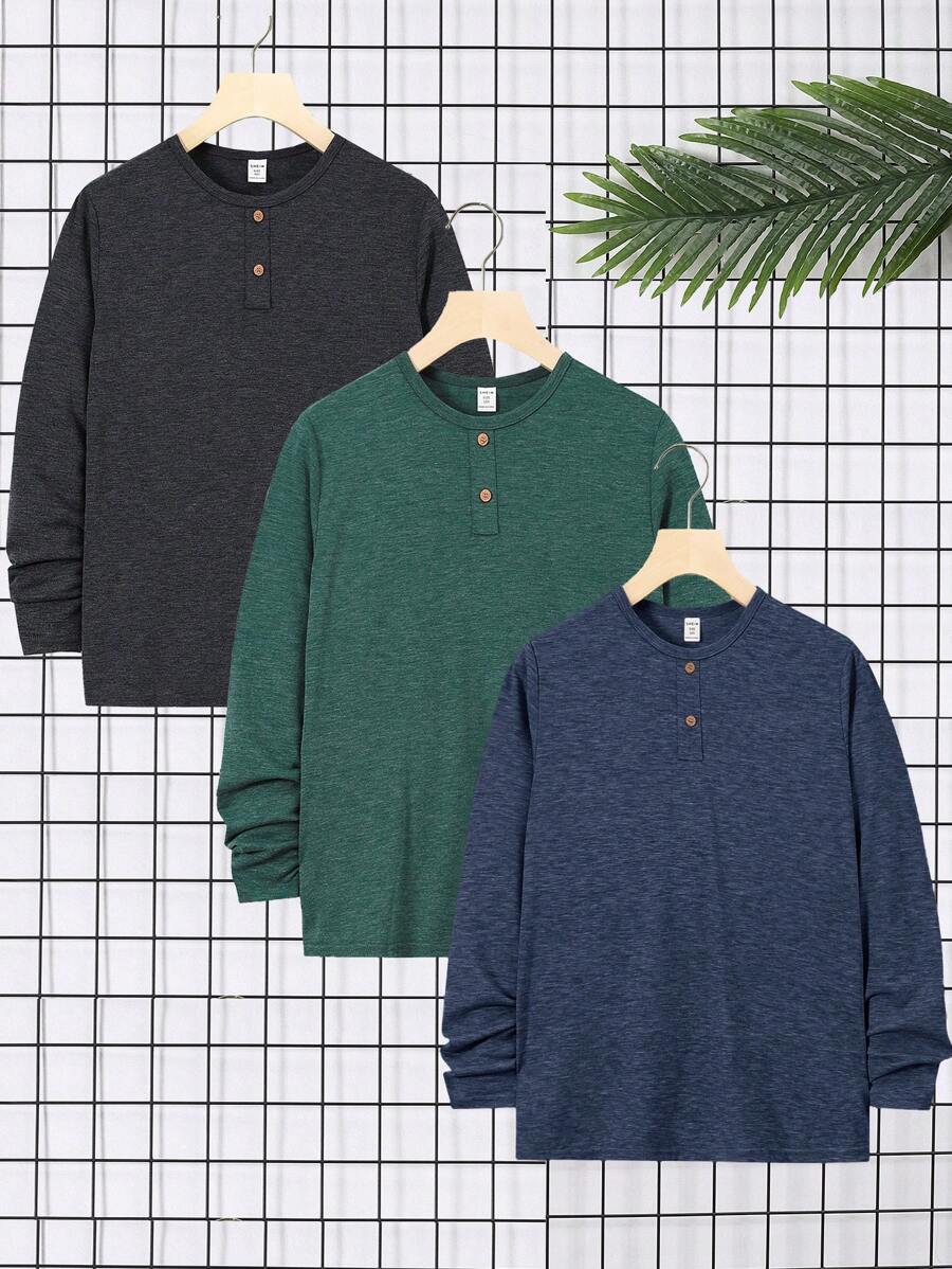 SHEIN Áo thun dệt kim dài tay cổ tròn Tween dáng rộng giản dị thoải mái - Màu xanh lam - Xem 1