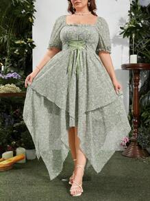 SHEIN MOD Plus Size Square Neckline Romantic Asymmetrical Hem Vacation Dress - Green - View 3