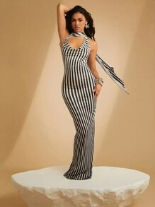 SHEIN Unity Stripe Satin Cowl Neck Dress With Sash