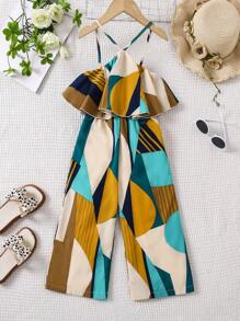 Young Girl Woven Geometric Pattern Halter Neck Jumpsuit With Ruffle Trim, Sleeveless And Cinched Waist - Multicolor - View 1