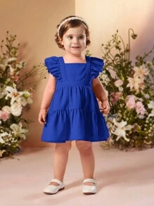 Travachic KIDS 嬰兒女夏季簡約純色荷葉邊無袖連衣裙，可拆卸蝴蝶結