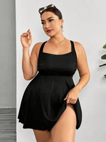 SHEIN Swim Curve 夏季海灘加大碼筋紋針織十字背心泳衣套裝 - 黑色 - 查看 5