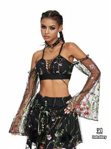 ROMWE Fairycore Áo crop top dài tay thêu hoa có ren phía trước, Lễ hội Rave - màu đen - Xem 7