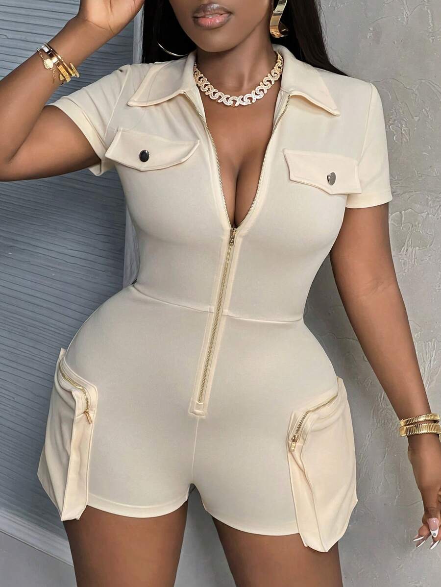 Slaydiva Sexig kortärmad jumpsuit med dragkedja fram, enfärgad och stora fickor för sommarens vardagskläder - A - Aprikos - Visa 1
