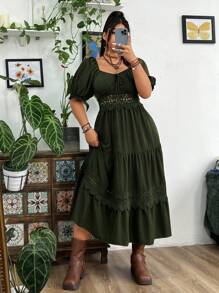 Flirla Plus Size Holiday & Leisure Solid Color Lace Patchwork Dress With Sweetheart Neckline - Army Green - View 8