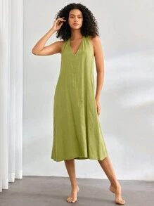 Ocili Vestido sencillo de uso diario de unicolor con escote de halter, vestido largo para mujer - Verde - Ver 6