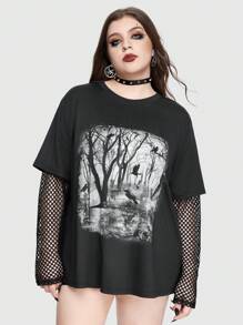 ROMWE Plus Size Summer Gothic Forest Printed Loose T-Shirt With Contrast Mesh, School