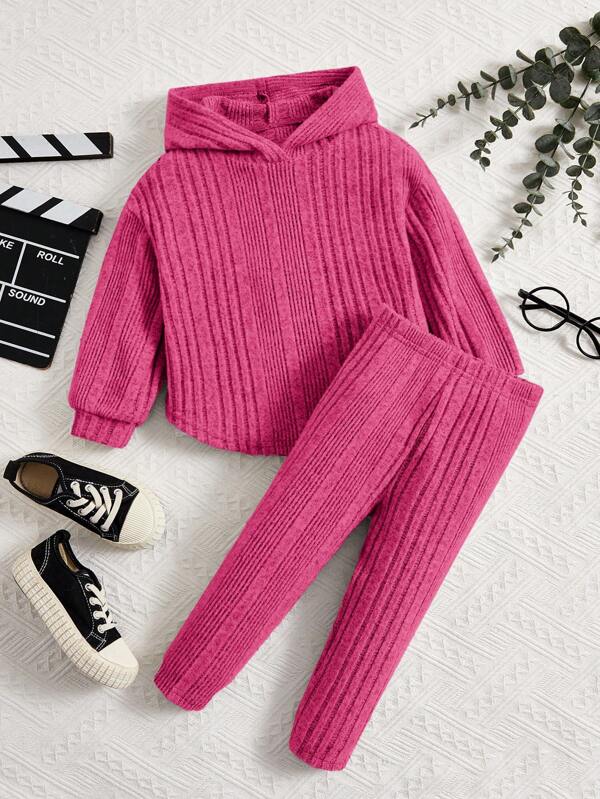SHEIN Baby Girl Spring And Autumn Solid Color Hooded Pullover And Pants Set, 2pcs