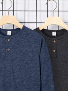 SHEIN Áo thun dệt kim dài tay cổ tròn Tween dáng rộng giản dị thoải mái - Màu xanh lam - Xem 9