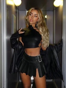 SHEIN ICON Y2k 黑色 90 年代低腰带扣褶边半身裙