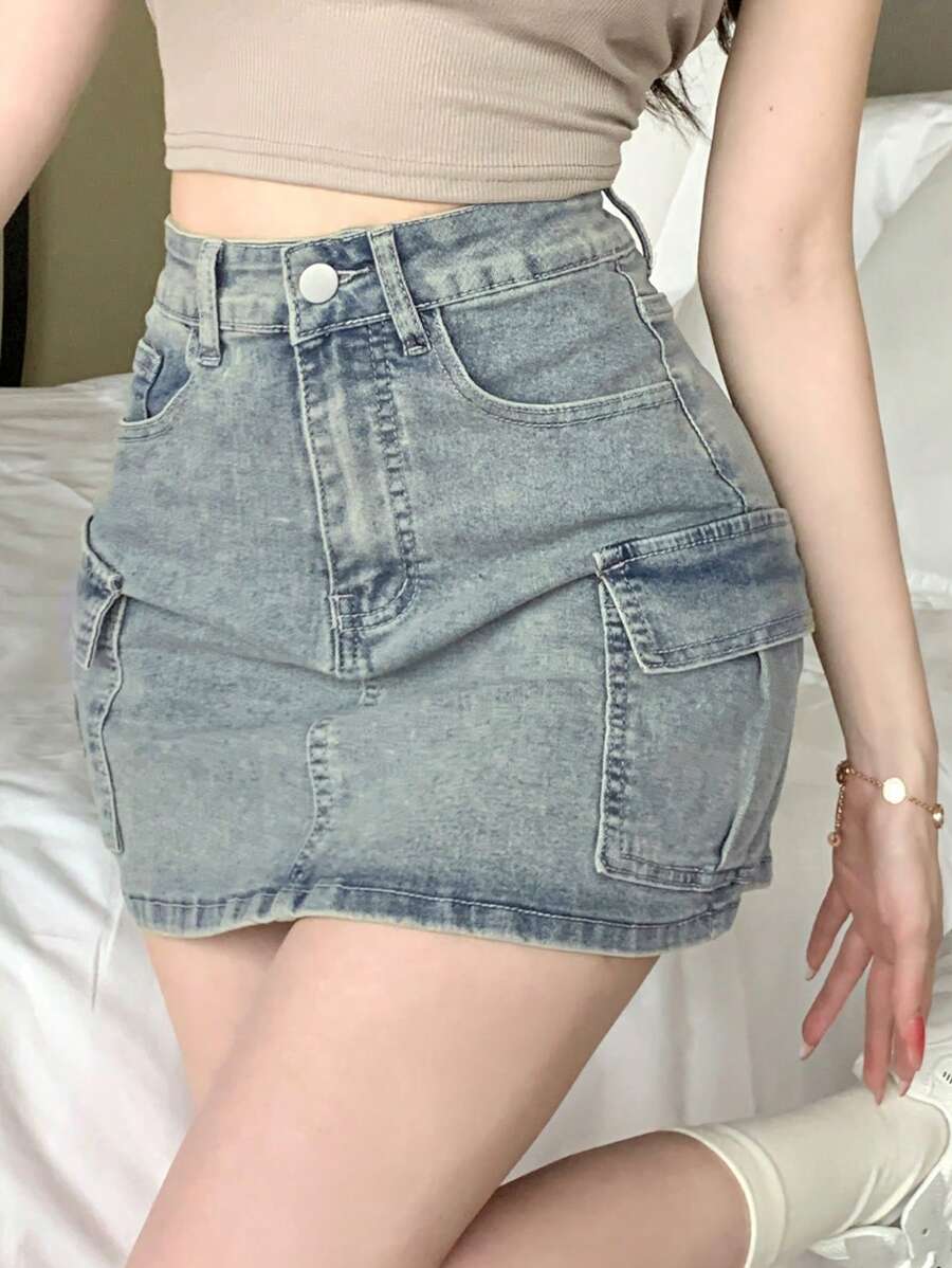 DAZY 水洗翻盖口袋牛仔迷你裙牛仔裙