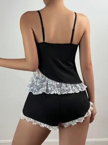 蕾丝拼布彩色花卉装饰吊带上衣和短裤睡衣套装休闲套装 - 黑色 - 查看 2