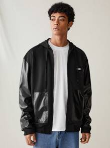 Manfinity VCAY 男士梭织时尚休闲连帽夹克，宽松长袖，拼色设计，适合秋冬季日常穿着 - 黑色 - 查看 4