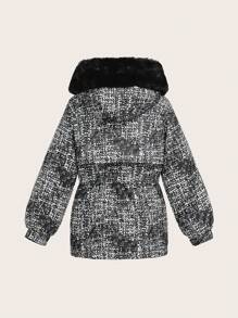 Tween Girls Allover Print Contrast Fluffy Fuzzy Trim Hooded Padded Coat - Black and White - View 2