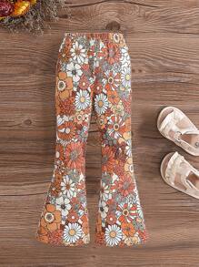 SHEIN Young Girl Knitted Floral Patchwork Casual Holiday Flared Pants