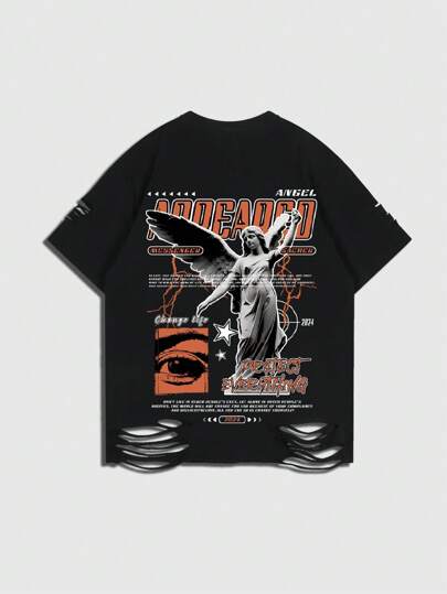 Street Life Herren Zerrissenes Straßendruck Kurzarm T-Shirt, geeignet für tägliches Tragen im Frühling und Sommer (Riss-Position ist zufällig)