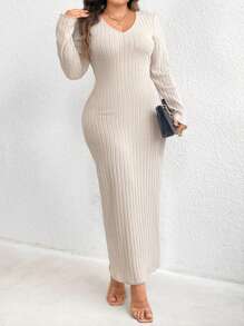 Celure Plus Solid V Neck Ribbed Knit Bodycon Dress Maxi Women Outfit - Apricot - View 8