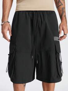 Manfinity RebelGame Men's Loose-Fit Straight Shorts With English Print Pattern Suitable For Summer - Black - View 6