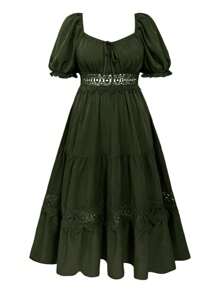 Flirla Plus Size Holiday & Leisure Solid Color Lace Patchwork Dress With Sweetheart Neckline - Army Green - View 3