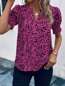 SHEIN LUNE Blusa con mangas globo y cuello con muescas con estampado completo - Rosa Fucsia - Ver 5