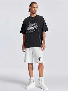 Manfinity VCAY Playera de manga corta con estampado de copos de nieve para hombre con letras en inglés y diseño de ángel pequeño, ajuste holgado, adecuada para el verano