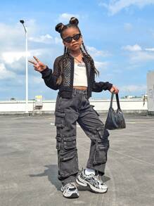 SHEIN Tween Girls' Knit Hollow Out Mesh Long Sleeve Cardigan Jacket, Sports & Casual