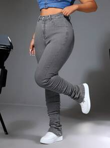 SHEIN ICON Celana Jeans Wanita Ukuran Besar Model Slim Fit Berkerut dengan Kantong, Kasual, Warna Abu-abu - Light Grey - View 5