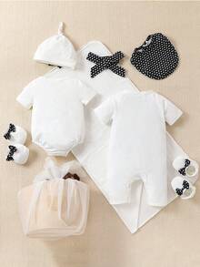 SHEIN Bộ Layette trắng tay ngắn in chữ thường ngày cho bé gái sơ sinh Xuân Hạ Thu - Đen và trắng - Xem 2