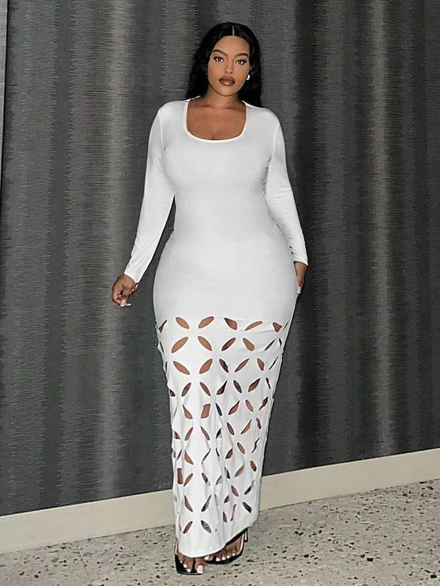 Slaydiva Elegant & Versatile & Party-Ready Slim-Fit White Plain Long Sleeve Low Neckline Top And Tulip Hem Dress Plus Size Women's 2-Piece Suit For Autumn And Winter - White - View 1