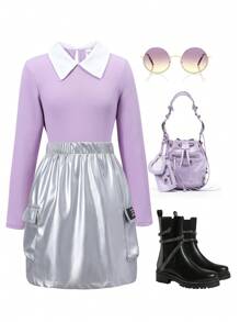 SHEIN Girls' Turn-Down Collar Long Sleeve Top + Skirt Set With Pockets - Purple - View 1