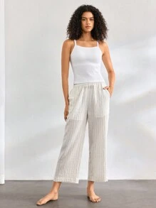 Ocili Leisure Women's Comfortable Striped Linen Home Wear Bottoms With Pockets, Long Pants - Khaki - View 7