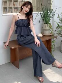 DAZY Bộ áo hai dây đơn giản màu trơn và quần dài cho nữ, mặc hàng ngày 2 món, nhún bèo - Màu xanh lam - Xem 1