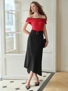 MOTF PREMIUM FLORAL PATTERN OFF SHOULDER TOP - Red - View 6