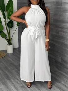Slaydiva Plus Size Vacation White High Neck Wide Leg Split Front Tie Waist Jumpsuit - White - View 3