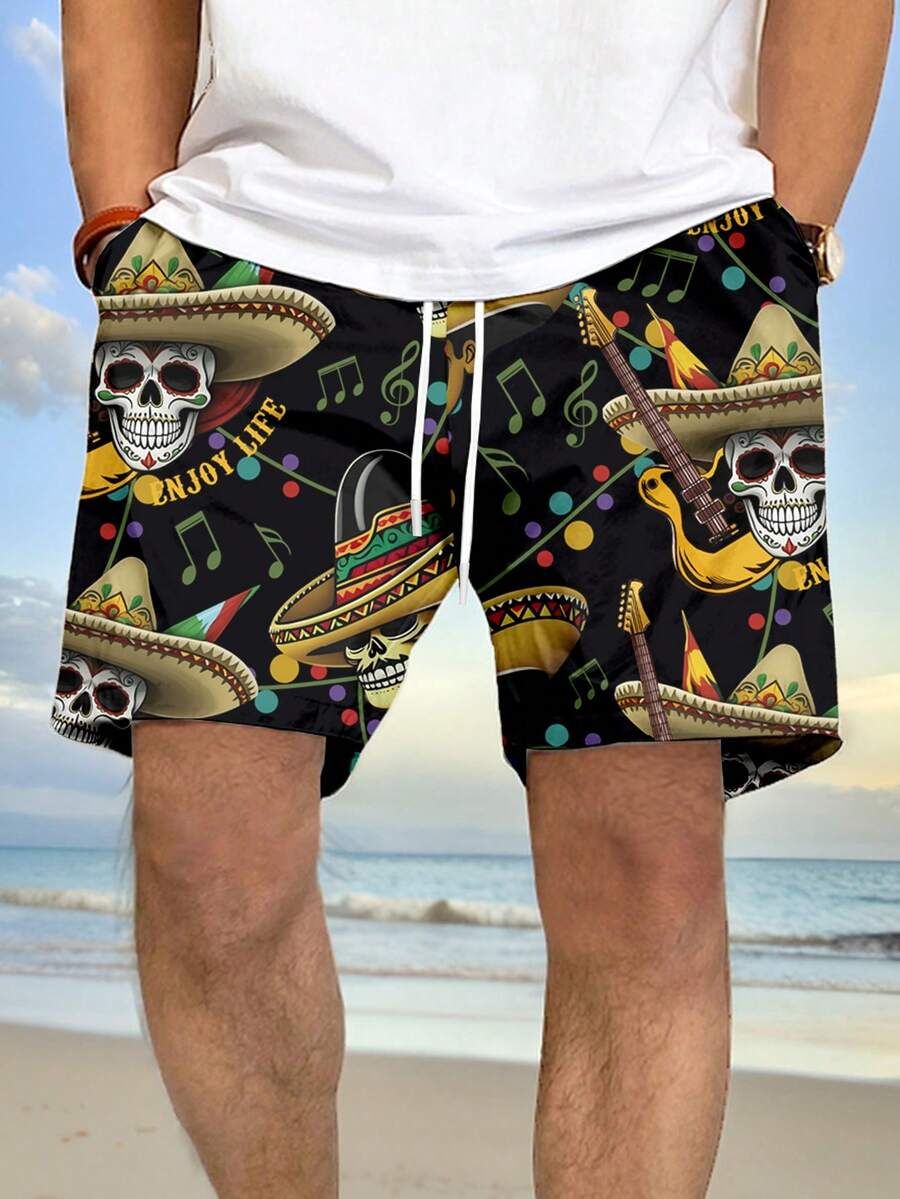 Manfinity RSRT 男士骷髅和字母印花抽绳腰休闲短裤趣味短裤 - 黑色 - 查看 1