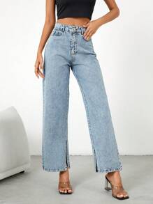 EURMUSE High Waist Split Hem Straight Leg Jeans - Light Wash - View 4