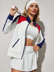 VARSITIE 撞色拼接高领长袖拉链女式运动夹克 - 彩色 - 查看 3