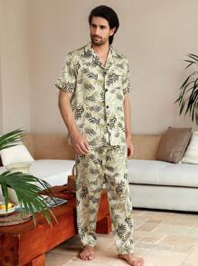 Men's Simple Print Short Sleeve And Long Pants Home Clothing Set - Khaki - View 1