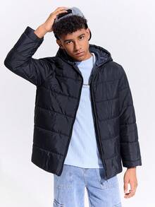 SHEIN 青少年男童休闲连帽条纹拉链加厚外套，保暖，秋冬季节，简约百搭风格 - 寶藍色 - 查看 3