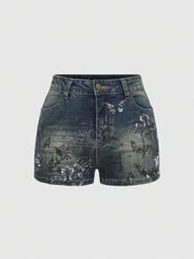 ROMWE Fairycore 夏季休閒復古蝴蝶、葡萄藤、十字印花牛仔短褲 - 霧霾藍 - 查看 1